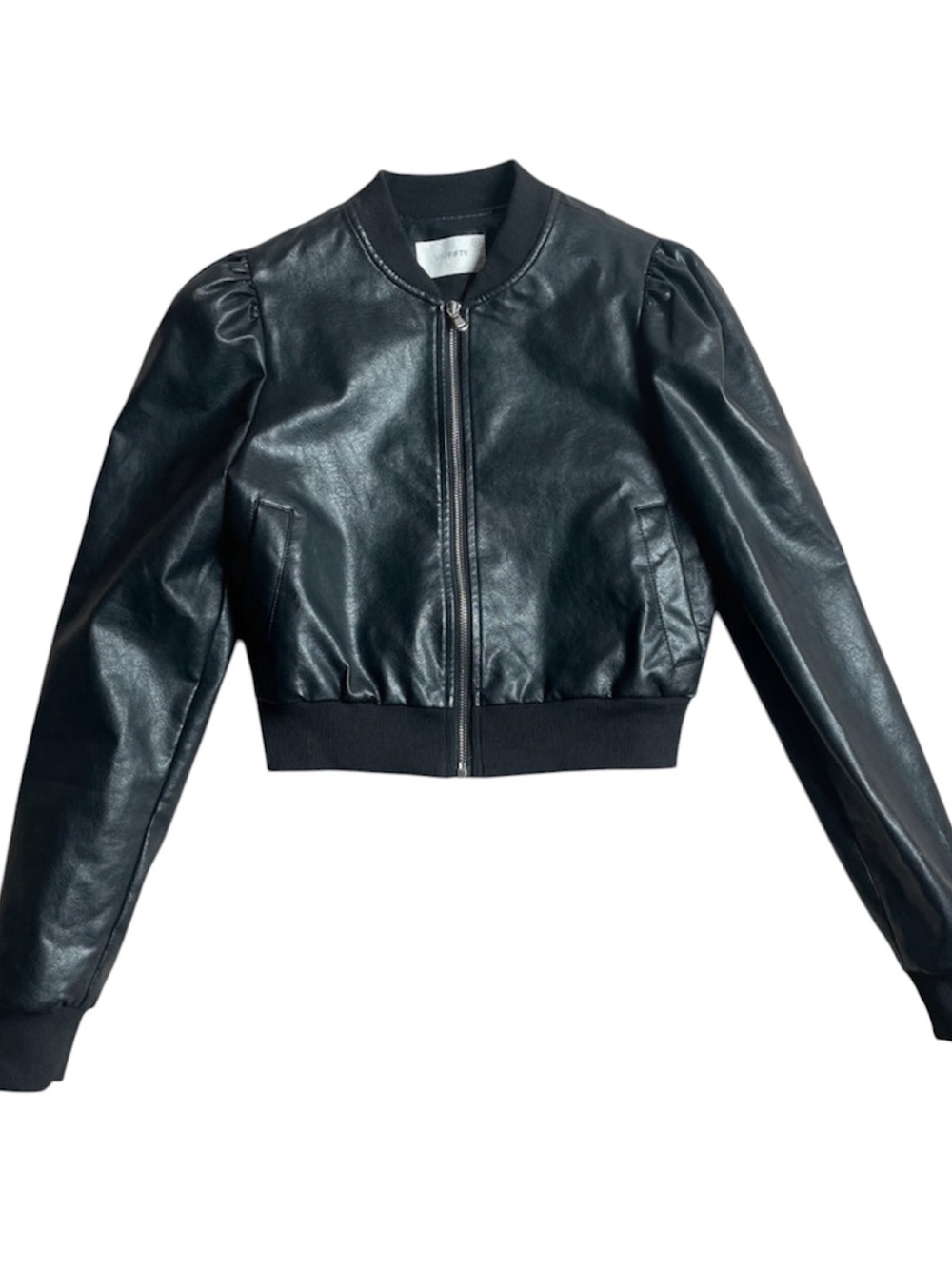 Black Faux Leather Cropped Bomber Jacket - Unbranded